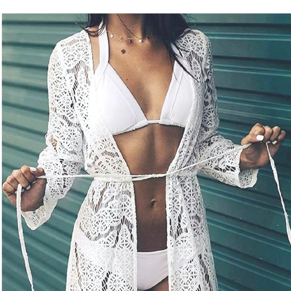 Long White Lace Kimono Cover Up